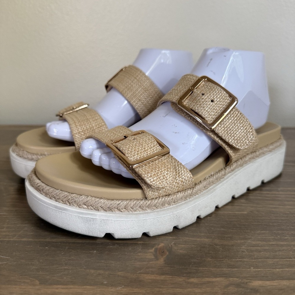 Madden NYC Women's 8.5 Beige Tan Double Strap Buckle‎ Platform Slip On Sandals